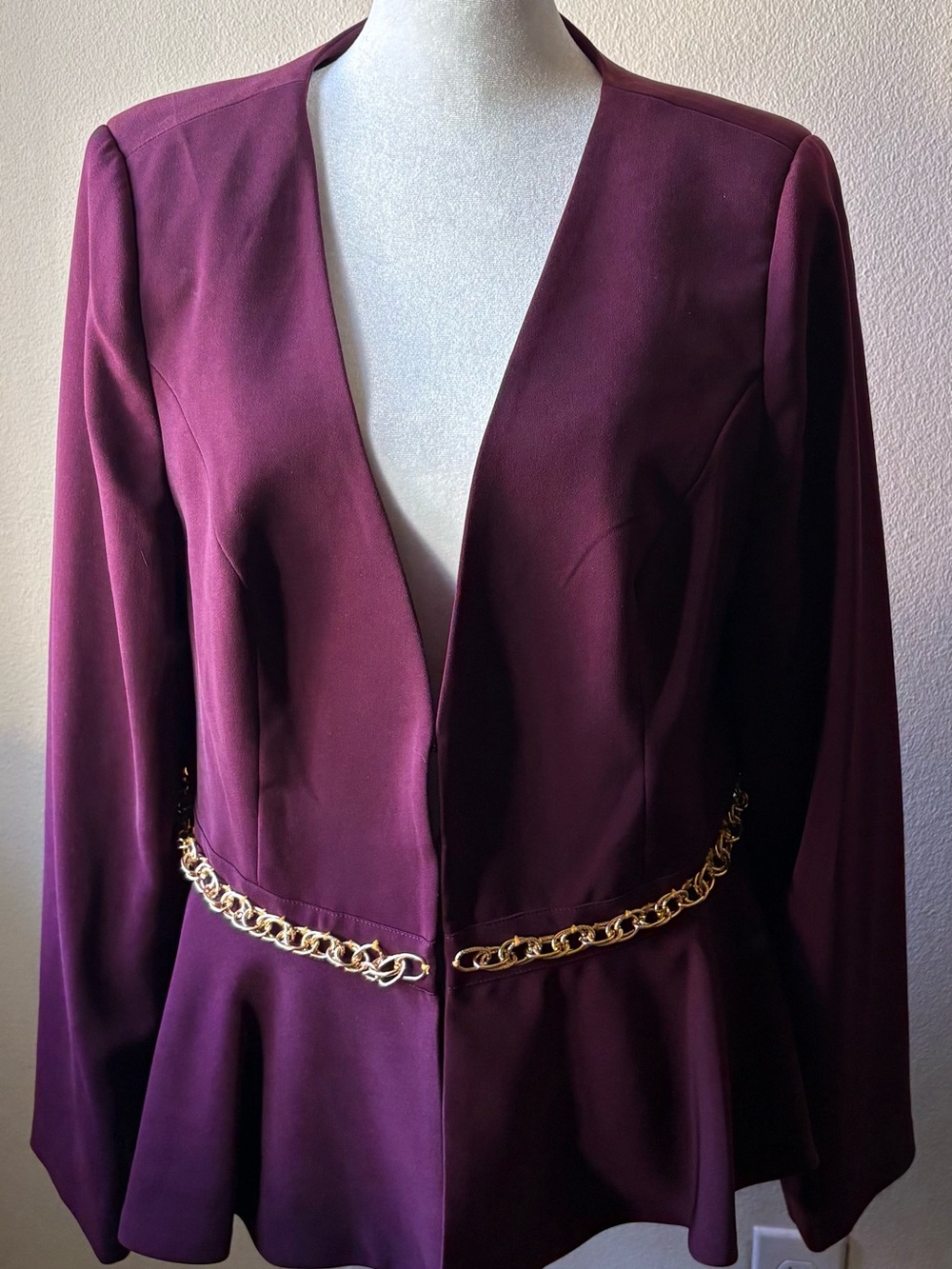 Midnight Velvet Plum Peplum Blazer with Gold Chain Accent Medium